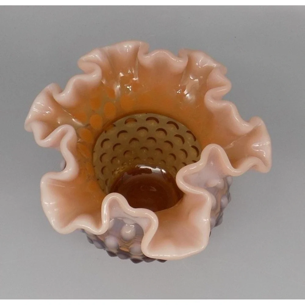Vintage Fenton Caramel Rose Brown Hobnail Bowl Vase Signed Milk Glass Peach